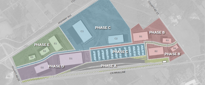 Map of Long Sault Logistics Village indicating phases of development
