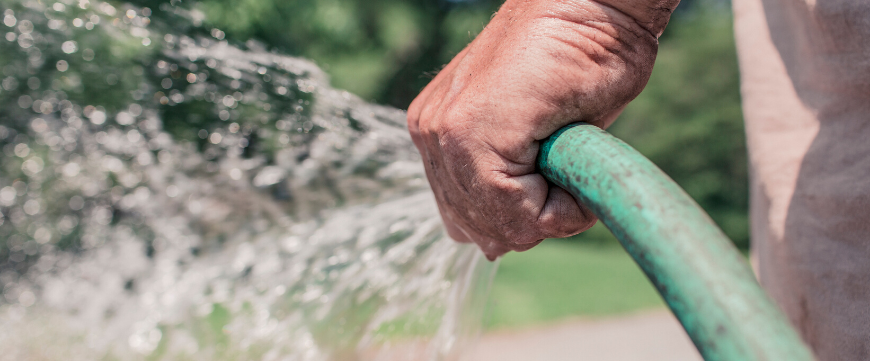 Person holding green water hose
