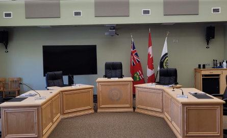 South Stormont Council Chambers with desks arranged in a half circle