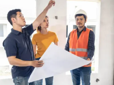 Two men and a woman reviewing building plans